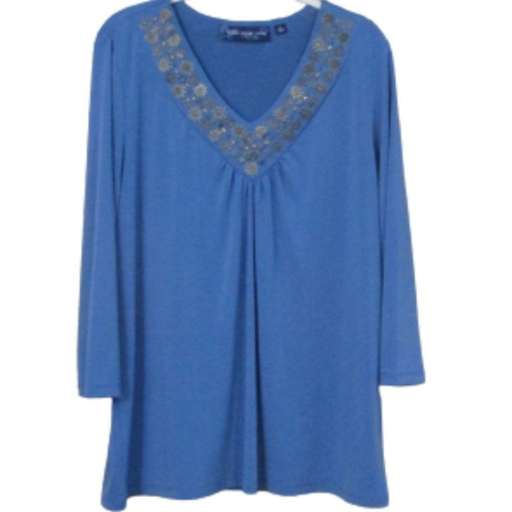 Susan Graver Style Blue Embellished Top L